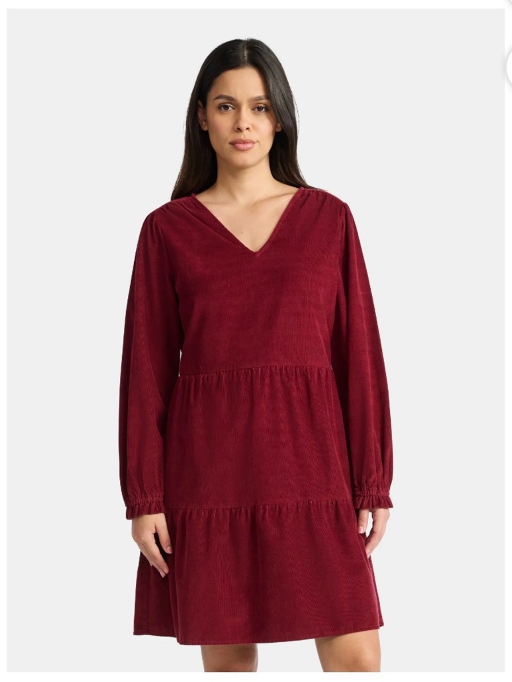 Time & Tru V-Neck Tiered Corduroy Dress in Deep Burgundy NWT